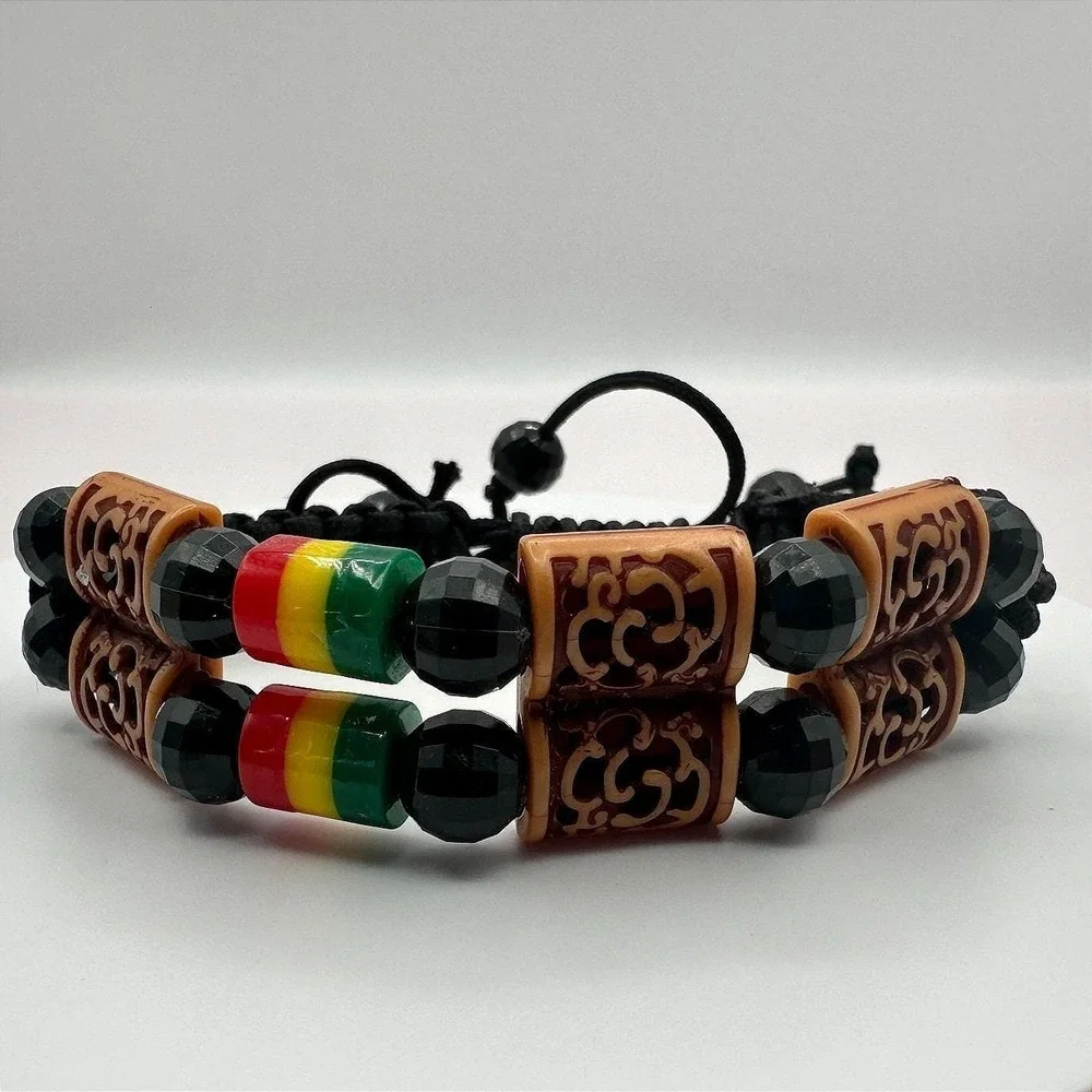 Vintage‎ Y2K Rasta Braided Macrame Beaded Double Strand Bracelet Women's Jewelry